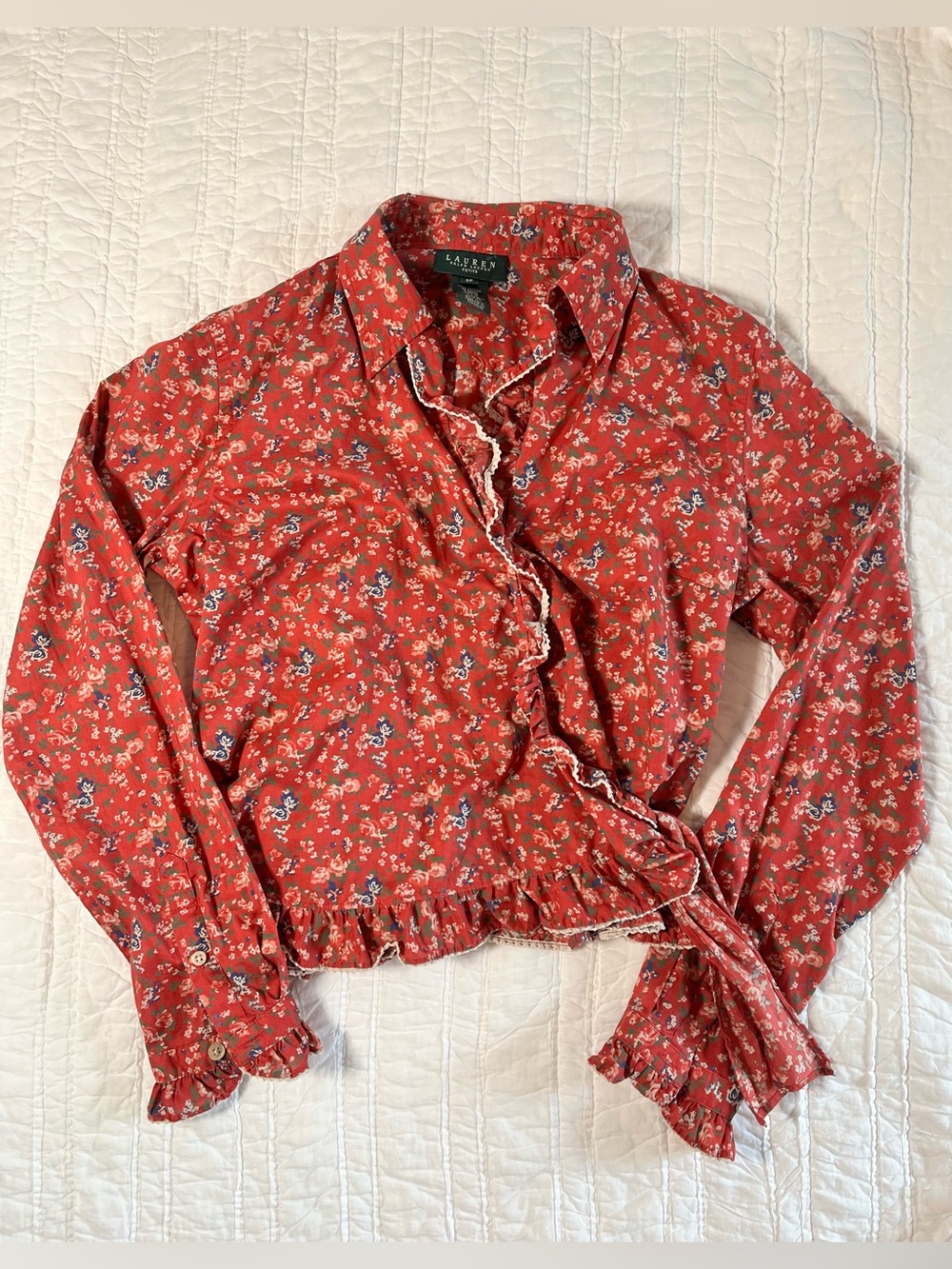 LAUREN Ralph Lauren Vintage Floral Wrap Blouse Red Ruffle Trim 6P